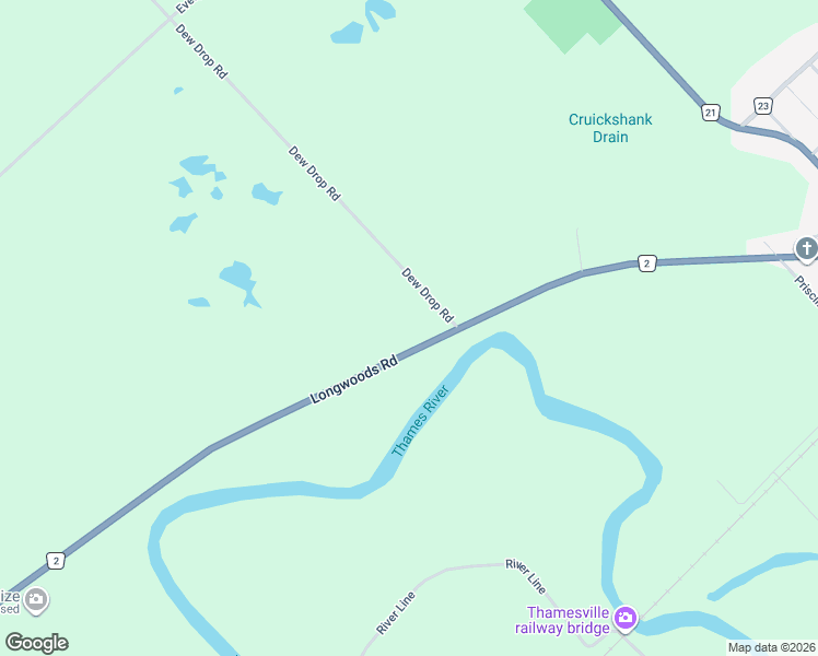 map of restaurants, bars, coffee shops, grocery stores, and more near 13074 Longwoods Road in Thamesville