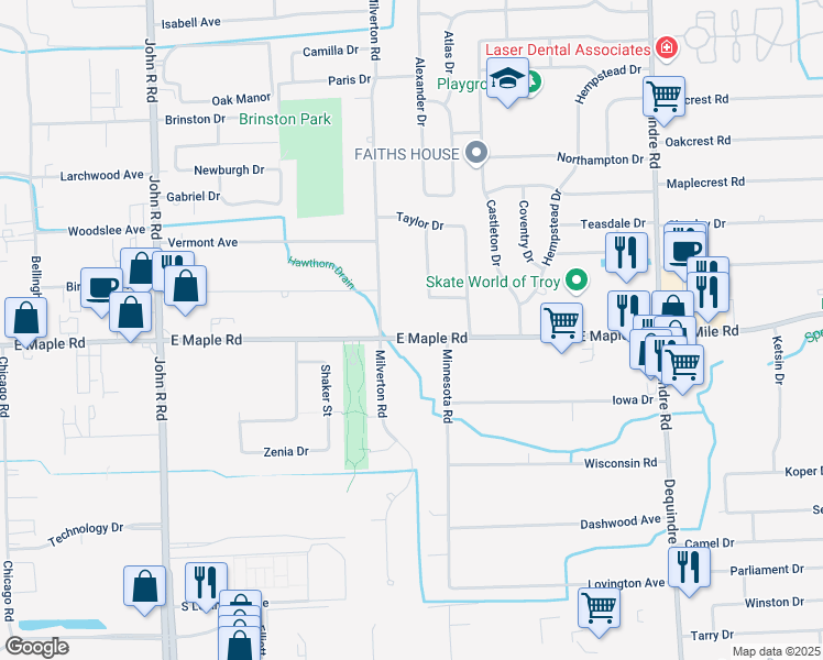 map of restaurants, bars, coffee shops, grocery stores, and more near 1448 Milverton Drive in Troy