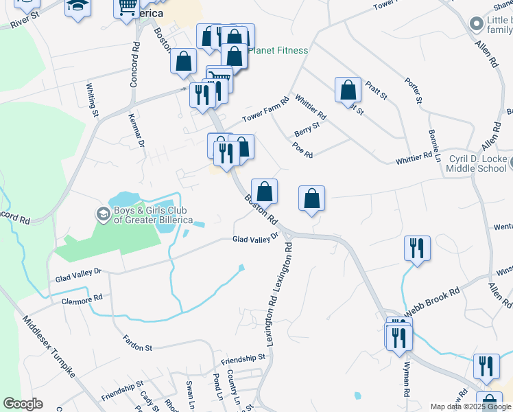 map of restaurants, bars, coffee shops, grocery stores, and more near 501 Boston Road in Billerica