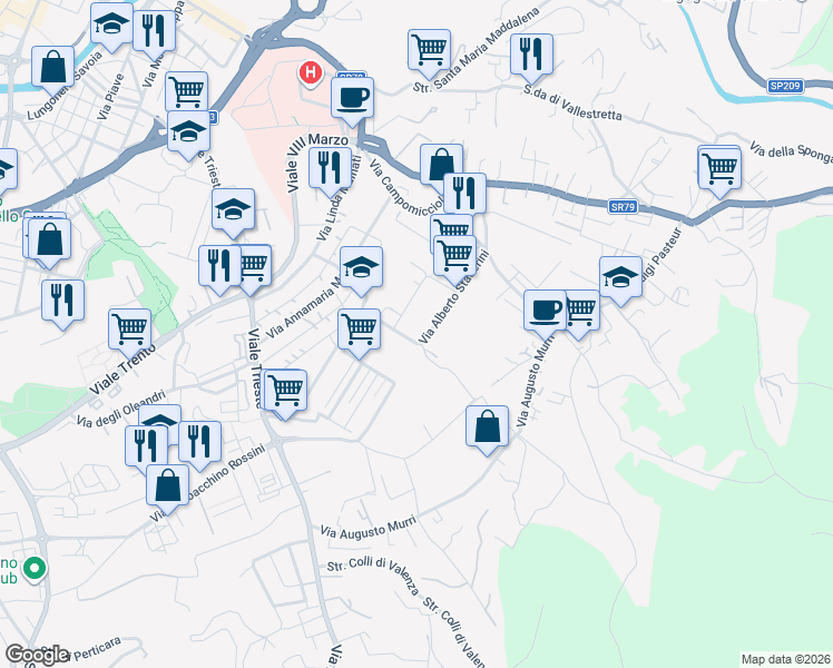 map of restaurants, bars, coffee shops, grocery stores, and more near 48 Via Alberto Staderini in Terni