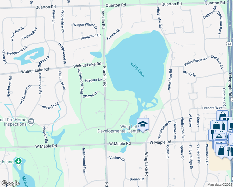 map of restaurants, bars, coffee shops, grocery stores, and more near 6153 Dakota Circle in Bloomfield Hills