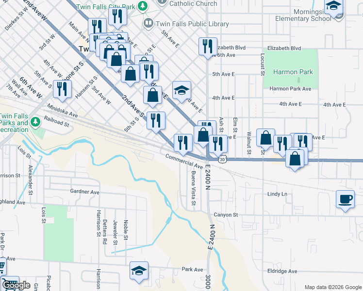 map of restaurants, bars, coffee shops, grocery stores, and more near 818 Commercial Avenue in Twin Falls