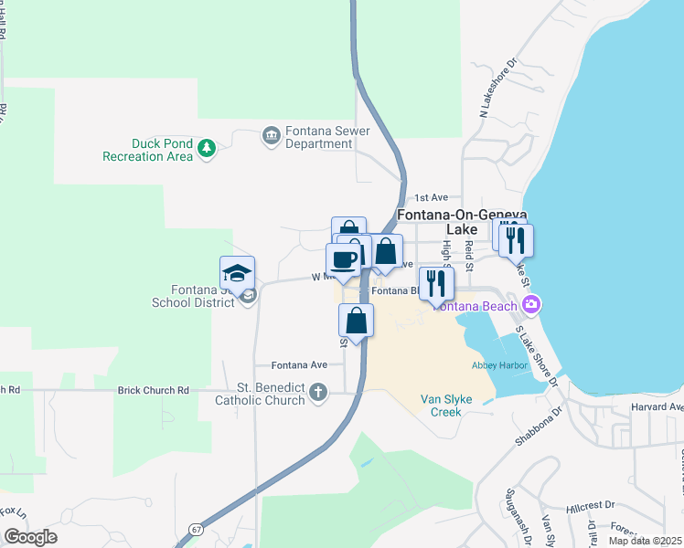 map of restaurants, bars, coffee shops, grocery stores, and more near 457 Mill Street in Fontana-on-Geneva Lake