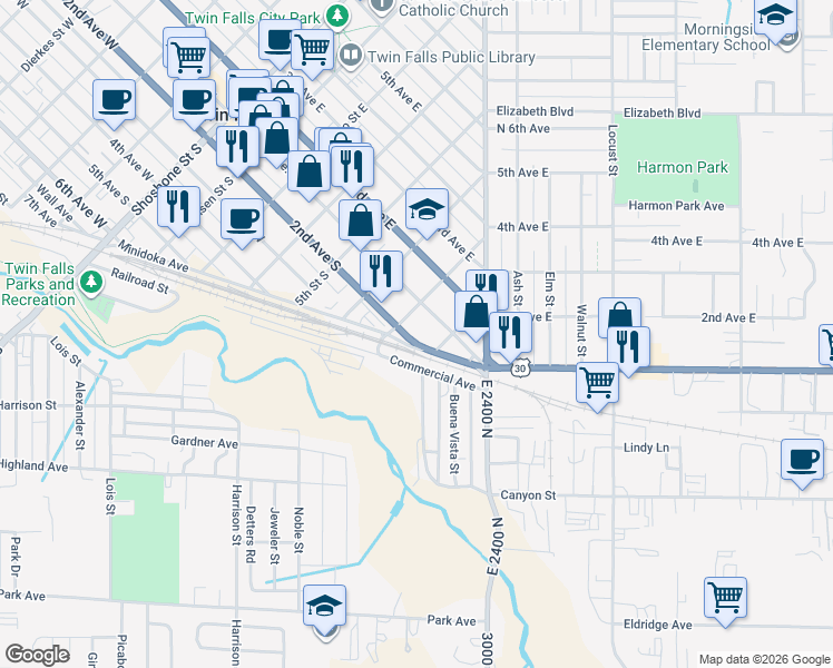 map of restaurants, bars, coffee shops, grocery stores, and more near 729 Commercial Avenue in Twin Falls