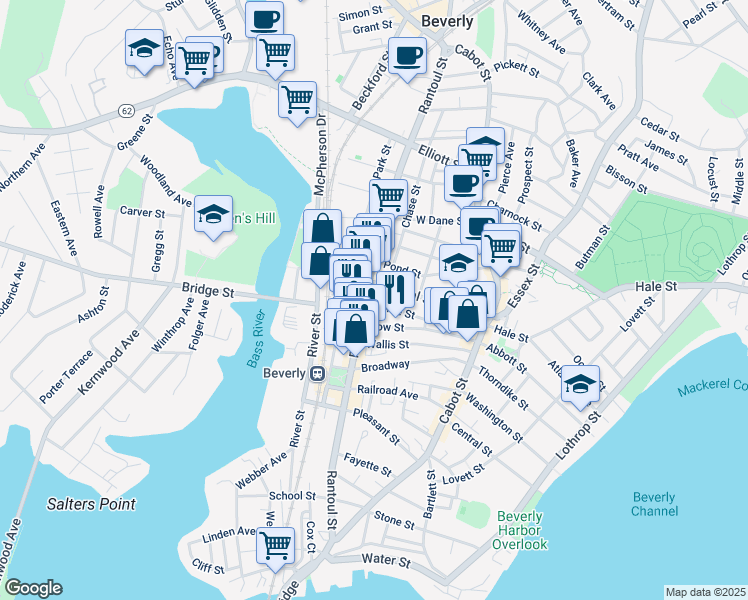 map of restaurants, bars, coffee shops, grocery stores, and more near 41 Bow Street in Beverly