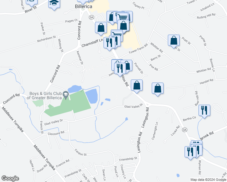 map of restaurants, bars, coffee shops, grocery stores, and more near 499 Boston Road in Billerica