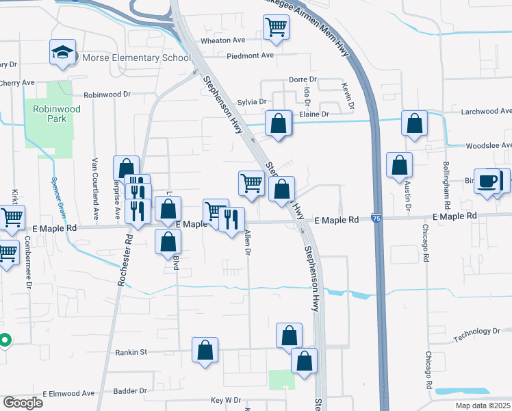map of restaurants, bars, coffee shops, grocery stores, and more near 1441 East Maple Road in Troy