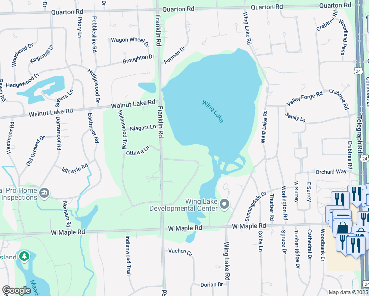 map of restaurants, bars, coffee shops, grocery stores, and more near 6153 Dakota Circle in Bloomfield Hills