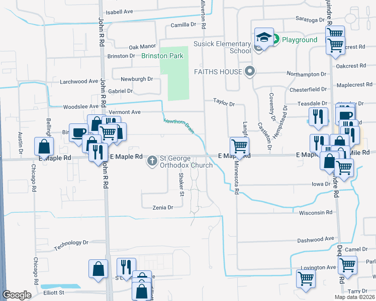 map of restaurants, bars, coffee shops, grocery stores, and more near 2384 East Maple Road in Troy