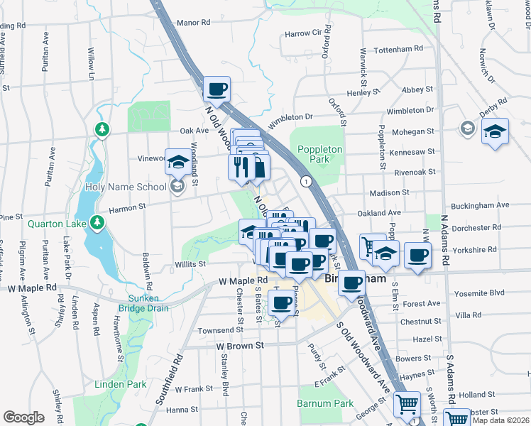map of restaurants, bars, coffee shops, grocery stores, and more near 377 North Old Woodward Avenue in Birmingham