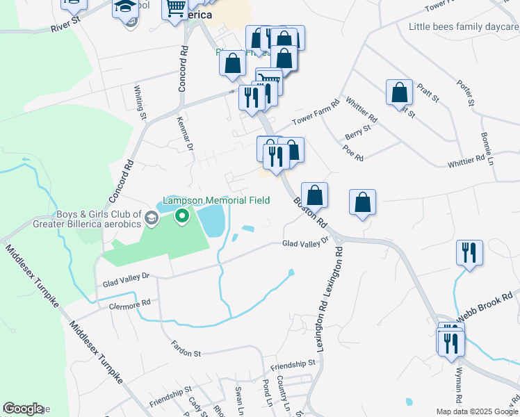 map of restaurants, bars, coffee shops, grocery stores, and more near 499 Boston Road in Billerica