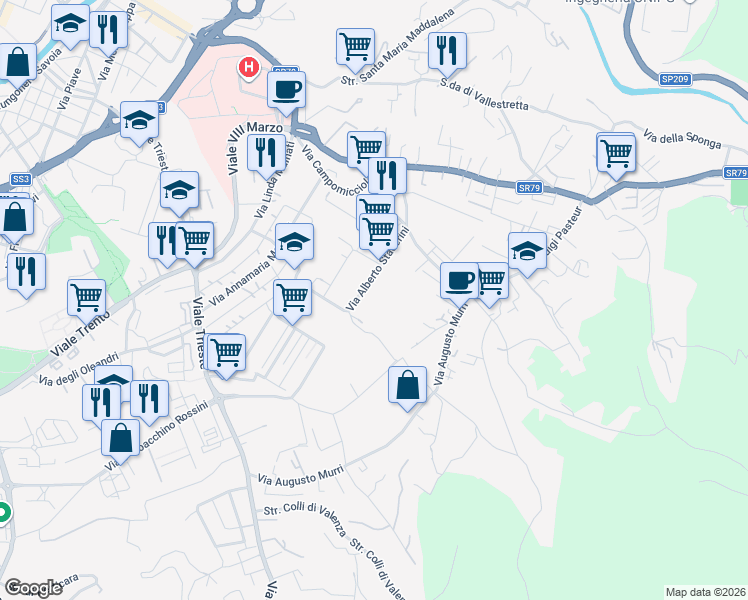 map of restaurants, bars, coffee shops, grocery stores, and more near 48 Via Alberto Staderini in Terni