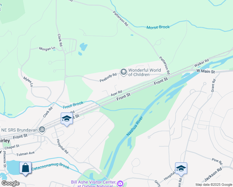 map of restaurants, bars, coffee shops, grocery stores, and more near 197 Ayer Road in Shirley