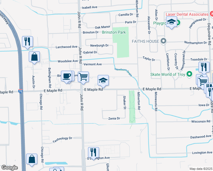 map of restaurants, bars, coffee shops, grocery stores, and more near 2165 East Maple Road in Troy