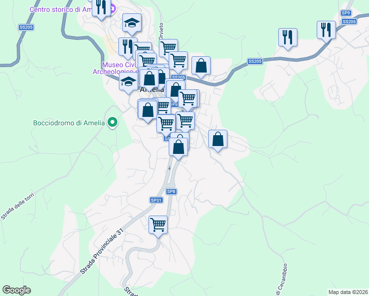 map of restaurants, bars, coffee shops, grocery stores, and more near 113 Via Europa in Amelia