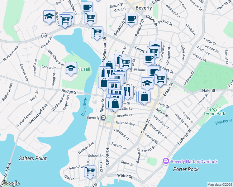 map of restaurants, bars, coffee shops, grocery stores, and more near 248 Rantoul Street in Beverly