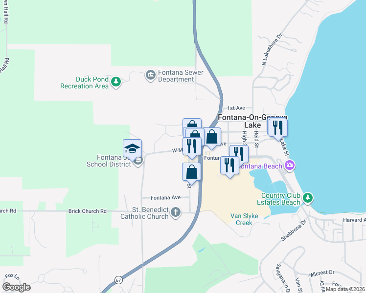map of restaurants, bars, coffee shops, grocery stores, and more near 457 Mill Street in Fontana-on-Geneva Lake