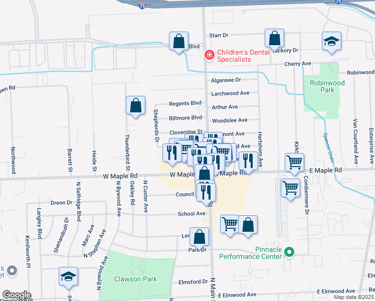 map of restaurants, bars, coffee shops, grocery stores, and more near 107 Cloveridge Drive in Troy