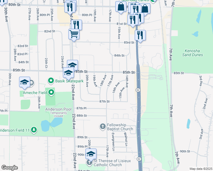 map of restaurants, bars, coffee shops, grocery stores, and more near 8528 17th Avenue in Kenosha