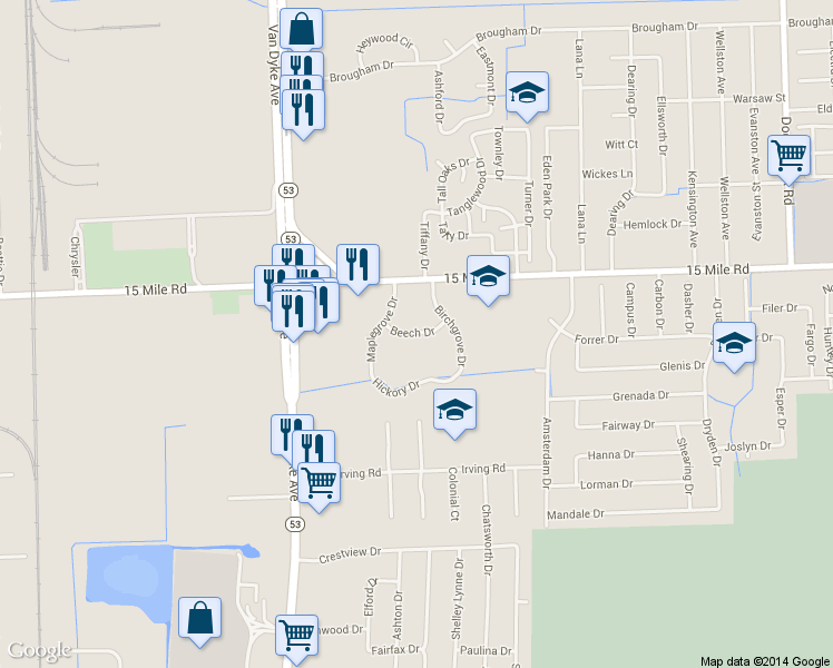 map of restaurants, bars, coffee shops, grocery stores, and more near 34844 Birchgrove Drive in Sterling Heights