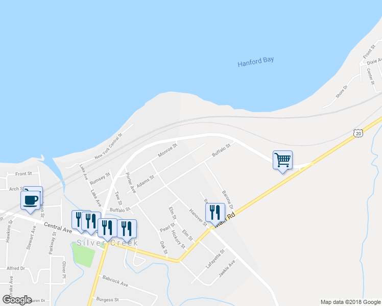 map of restaurants, bars, coffee shops, grocery stores, and more near 101 Adams Street in Silver Creek