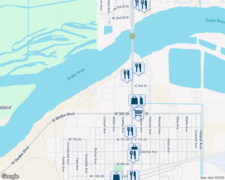 map of restaurants, bars, coffee shops, grocery stores, and more near 256 West 3rd Street in Burley