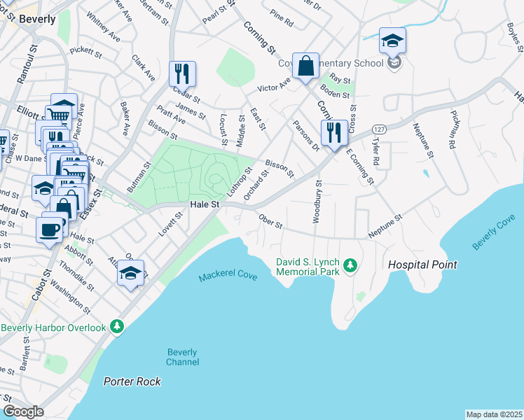 map of restaurants, bars, coffee shops, grocery stores, and more near 108 Hale Street in Beverly