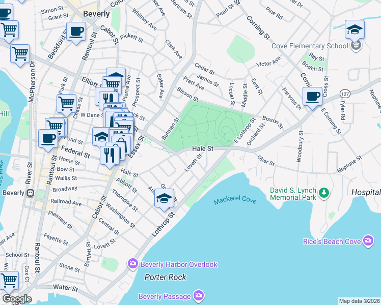 map of restaurants, bars, coffee shops, grocery stores, and more near 59 Hale Street in Beverly