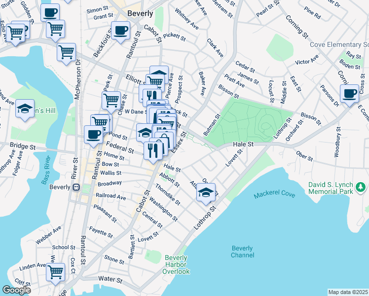 map of restaurants, bars, coffee shops, grocery stores, and more near 26 Essex Street in Beverly