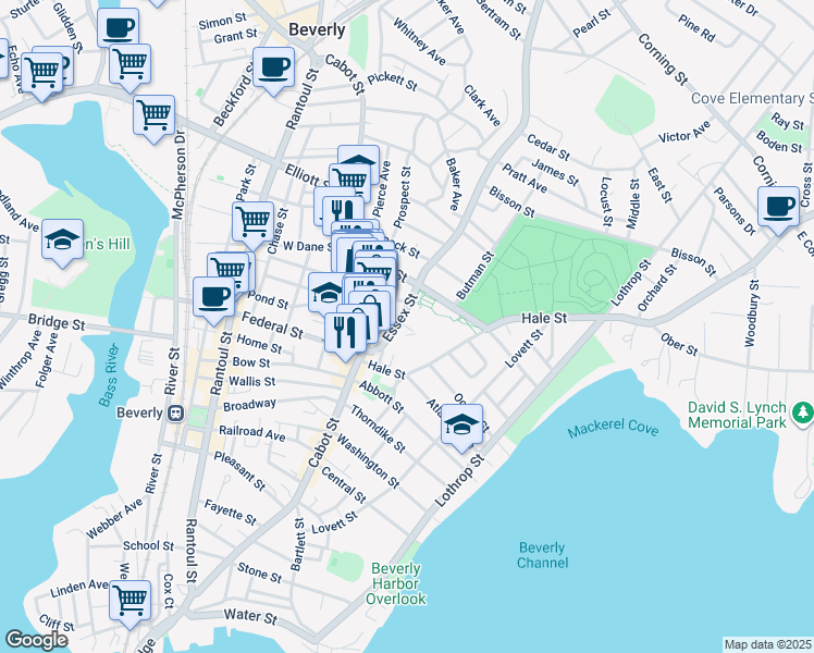 map of restaurants, bars, coffee shops, grocery stores, and more near 26 Essex Street in Beverly