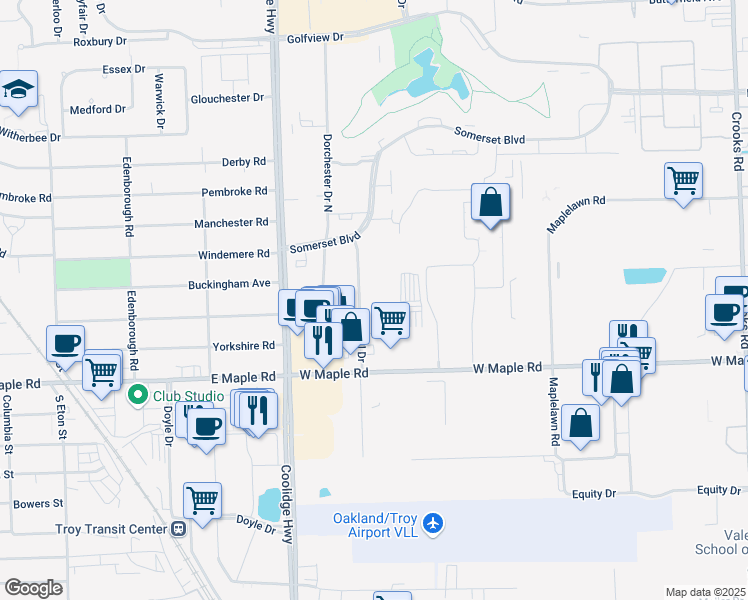 map of restaurants, bars, coffee shops, grocery stores, and more near 1968 Axtell Drive in Troy