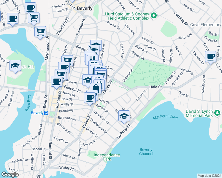 map of restaurants, bars, coffee shops, grocery stores, and more near 17 Essex Street in Beverly