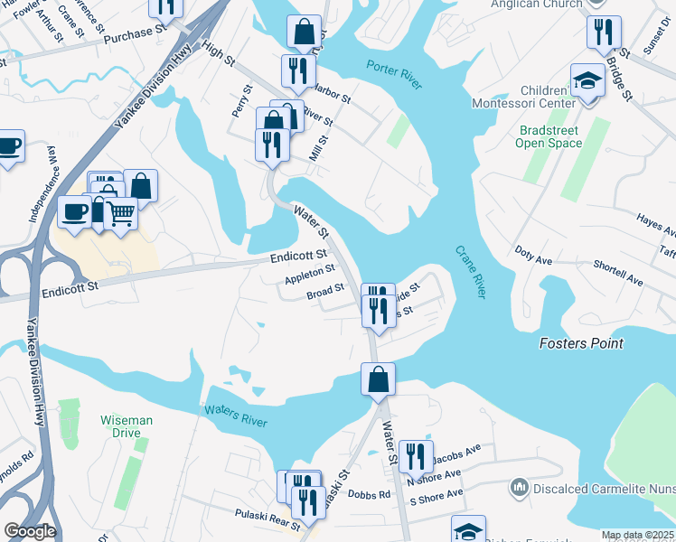 map of restaurants, bars, coffee shops, grocery stores, and more near 2 Appleton Street in Danvers