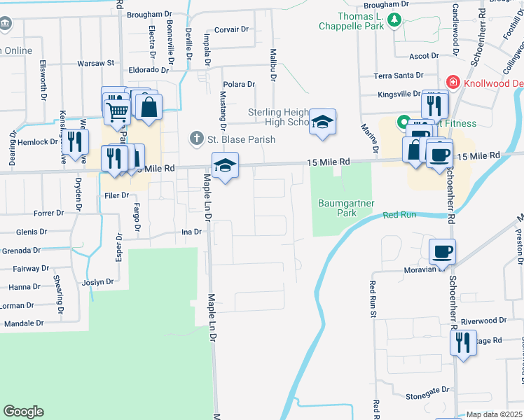 map of restaurants, bars, coffee shops, grocery stores, and more near 12350 15 Mile Road in Sterling Heights