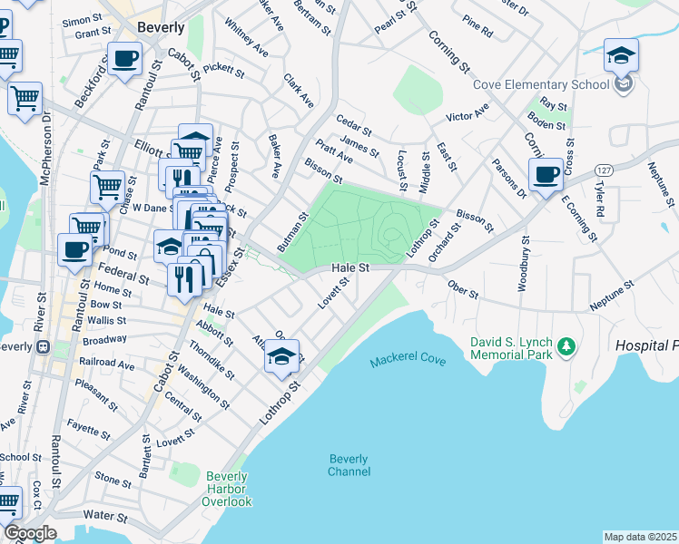 map of restaurants, bars, coffee shops, grocery stores, and more near 63 Hale Street in Beverly