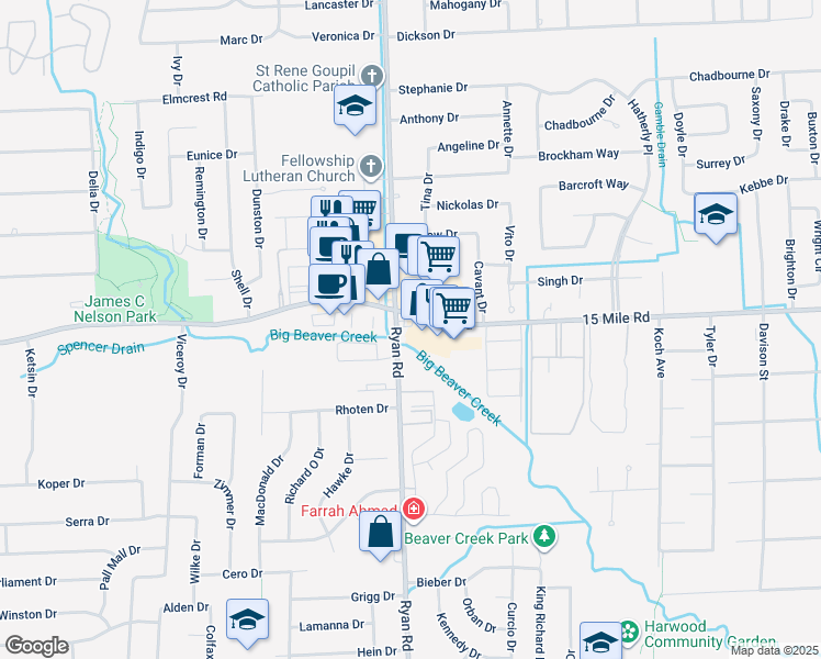 map of restaurants, bars, coffee shops, grocery stores, and more near 4051 15 Mile Road in Sterling Heights
