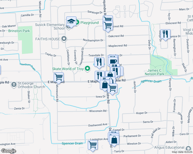 map of restaurants, bars, coffee shops, grocery stores, and more near 2891 East Maple Road in Troy