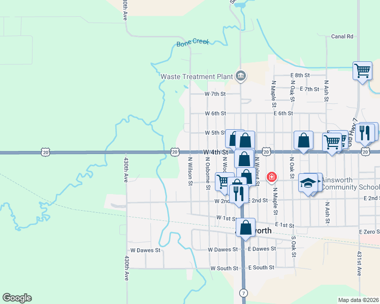 map of restaurants, bars, coffee shops, grocery stores, and more near 401 North Wilson Street in Ainsworth