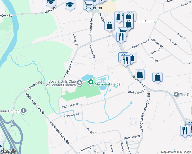 map of restaurants, bars, coffee shops, grocery stores, and more near 17 Kenmar Drive in Billerica