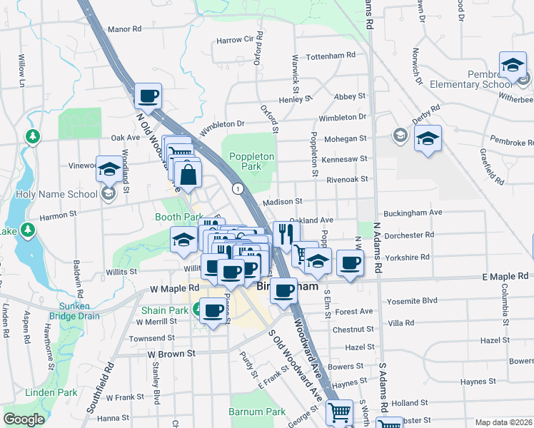 map of restaurants, bars, coffee shops, grocery stores, and more near 435 Madison Street in Birmingham
