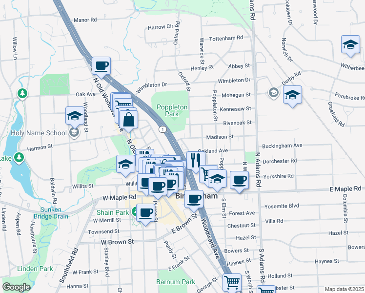 map of restaurants, bars, coffee shops, grocery stores, and more near 35300 Woodward Avenue in Birmingham