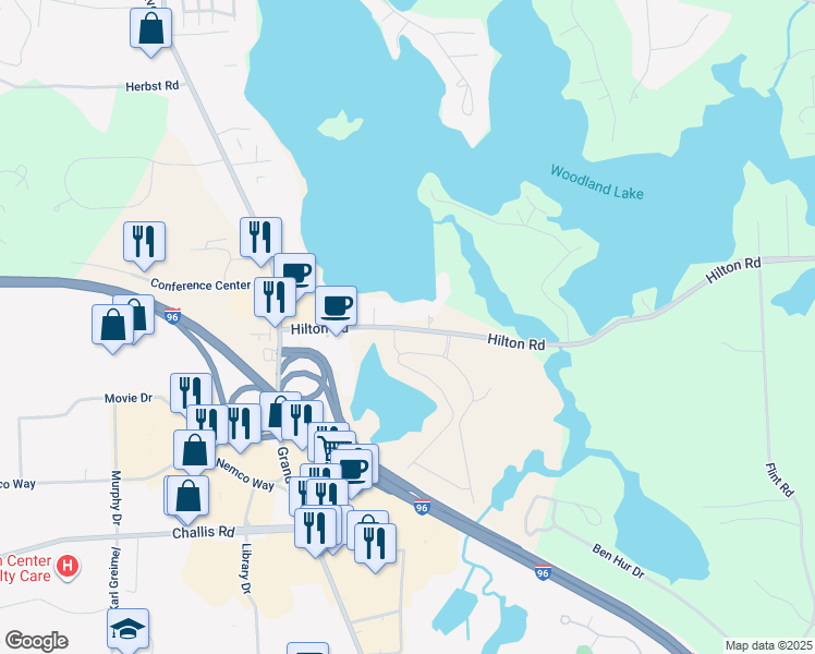 map of restaurants, bars, coffee shops, grocery stores, and more near 8377 Hilton Road in Brighton