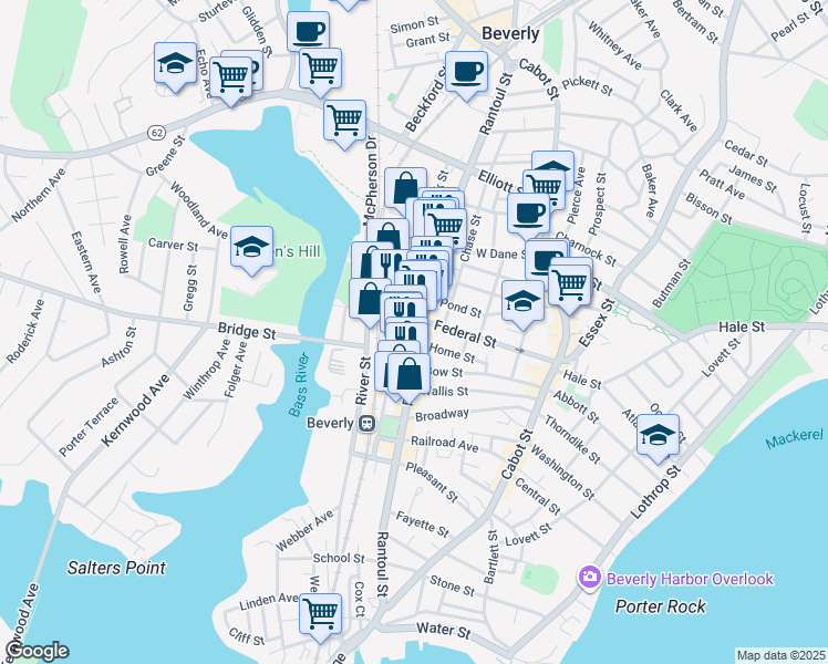 map of restaurants, bars, coffee shops, grocery stores, and more near 51 Federal Street in Beverly