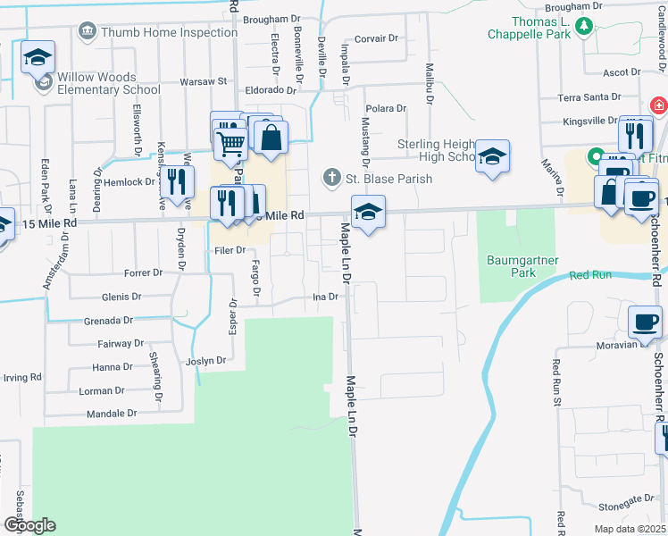 map of restaurants, bars, coffee shops, grocery stores, and more near 34811 Maple Lane Drive in Sterling Heights