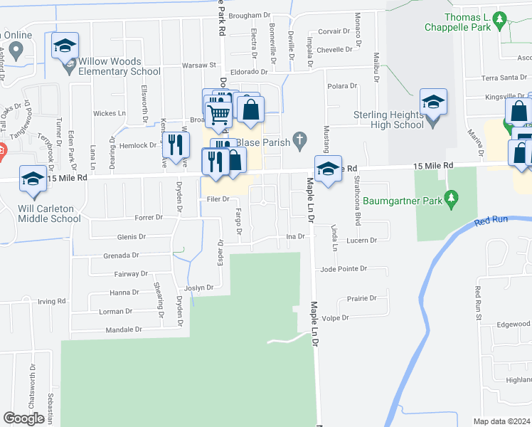 map of restaurants, bars, coffee shops, grocery stores, and more near 34731 Kimberly Drive in Sterling Heights