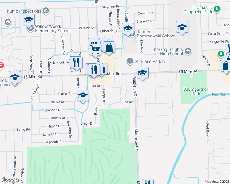 map of restaurants, bars, coffee shops, grocery stores, and more near 34731 Kimberly Drive in Sterling Heights