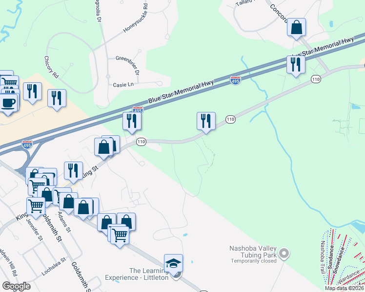 map of restaurants, bars, coffee shops, grocery stores, and more near 319 Littleton Road in Westford