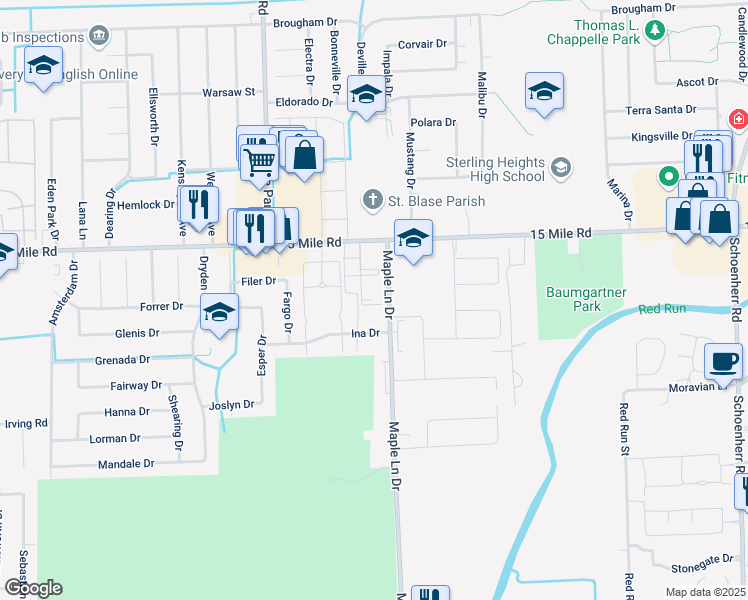 map of restaurants, bars, coffee shops, grocery stores, and more near 34811 Maple Lane Drive in Sterling Heights