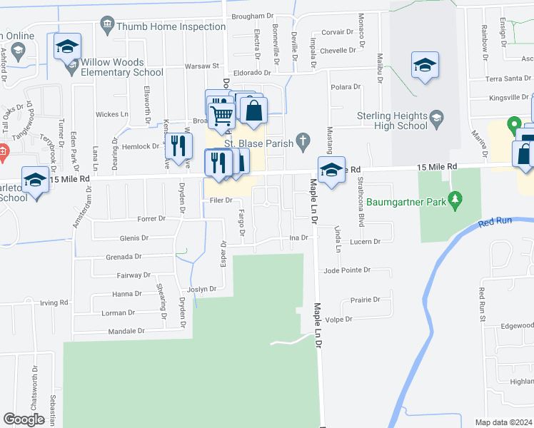 map of restaurants, bars, coffee shops, grocery stores, and more near 34731 Kimberly Drive in Sterling Heights