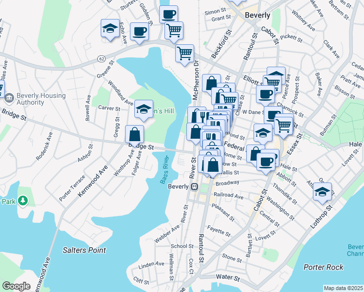 map of restaurants, bars, coffee shops, grocery stores, and more near 2 Margin Street in Beverly